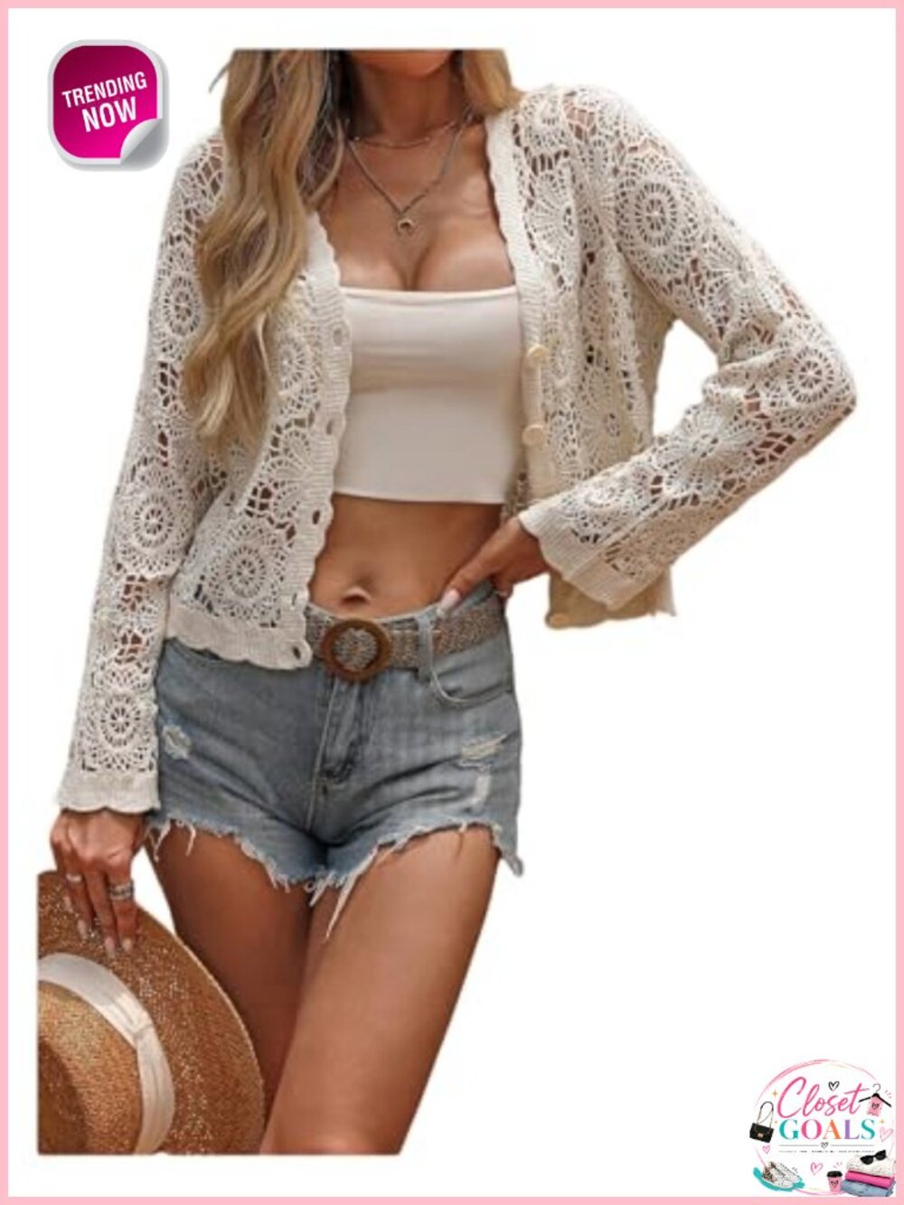 Lightweight Crochet Knit Button Front Cardigan Long Sleeve V-Neck Boho Fall
